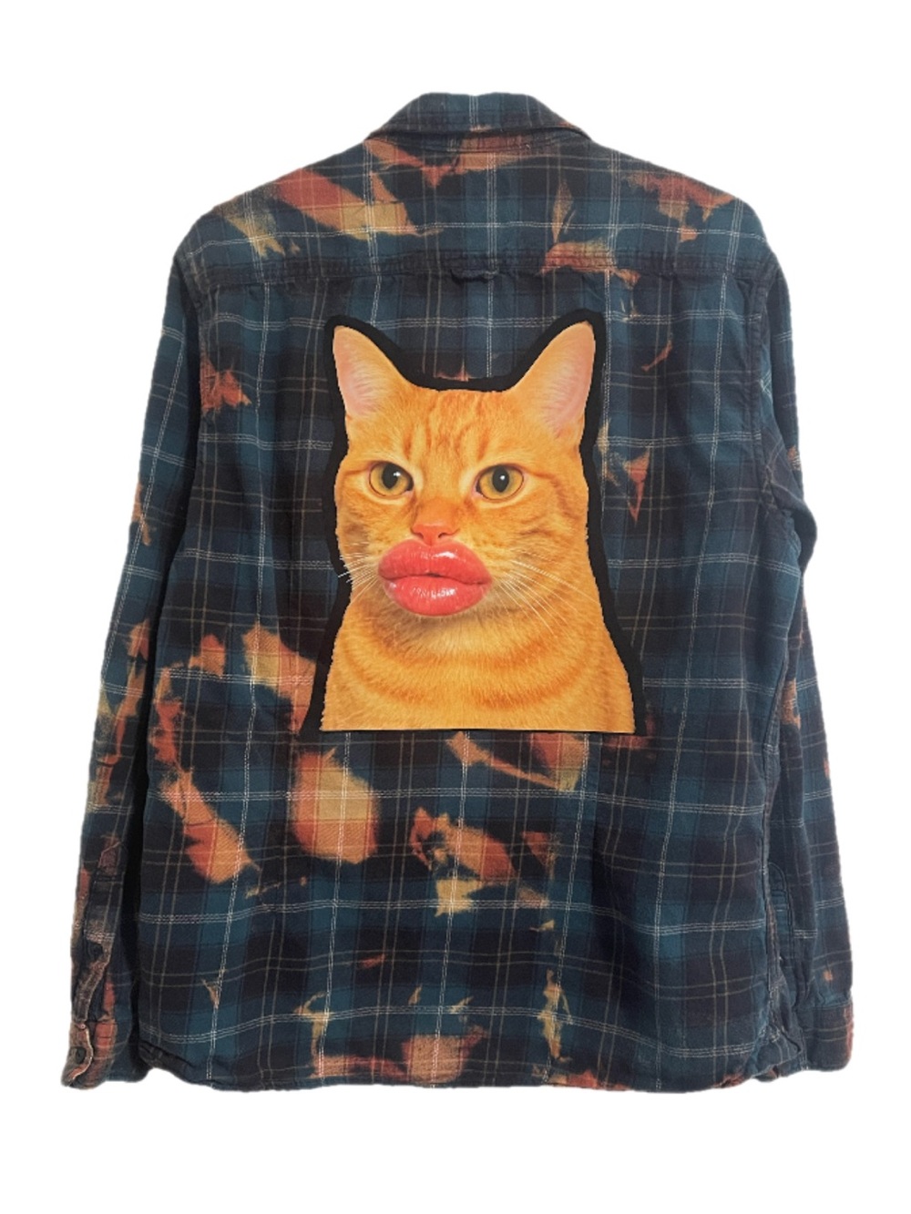 Upcycled “Big Lips Cat” plaid flannel.